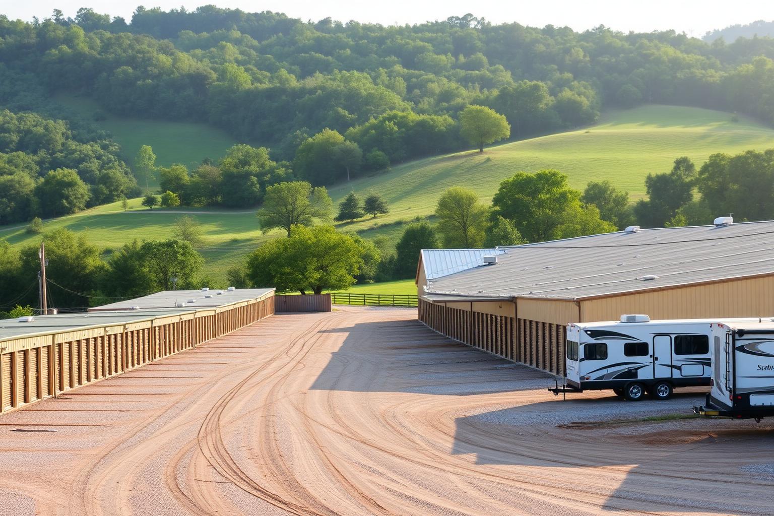 Drive-up storage buildings and RV parking surrounded by Arkansas countryside in Ferndale