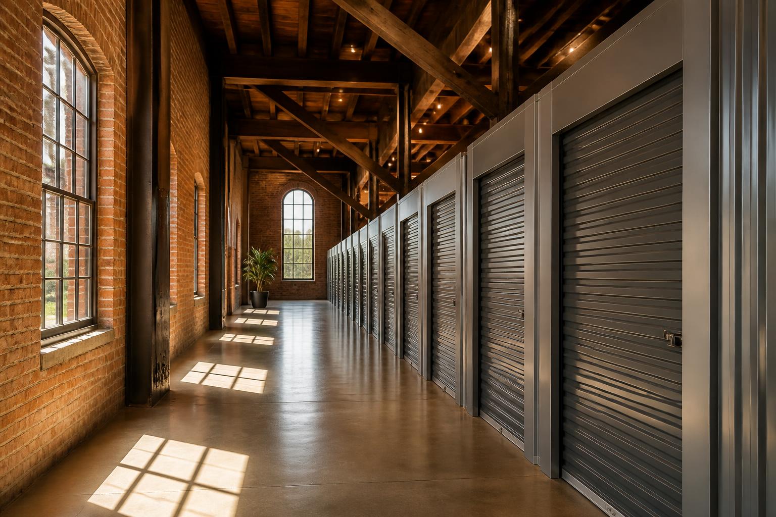 Restored brick warehouse hallway with indoor climate-controlled storage doors at Union Station Self Storage
